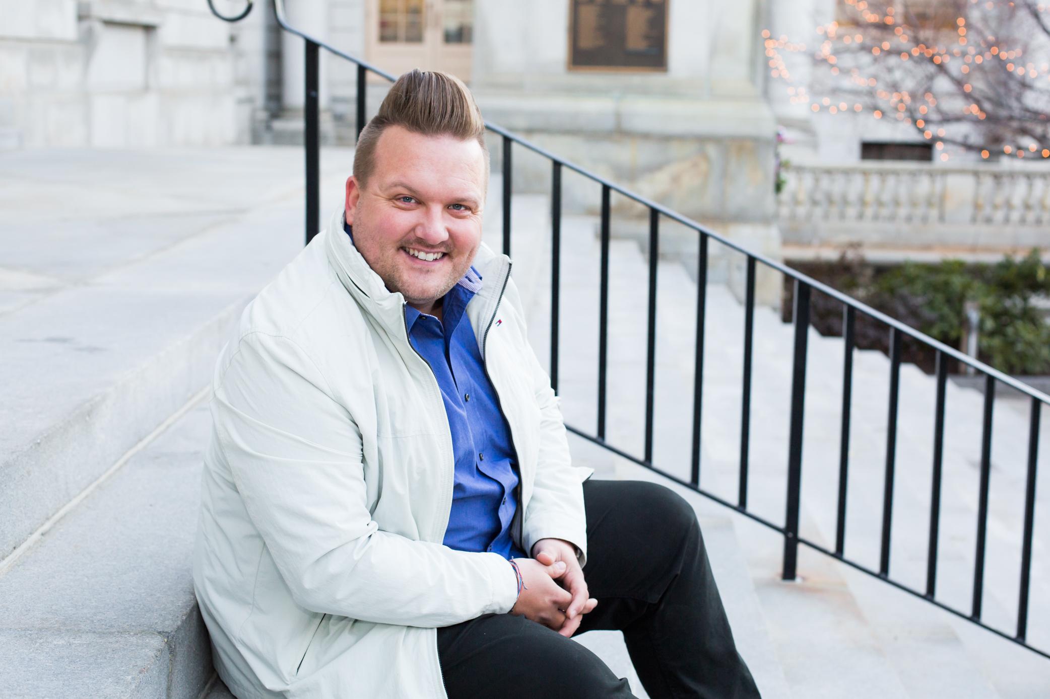 David Sitting city hall steps
